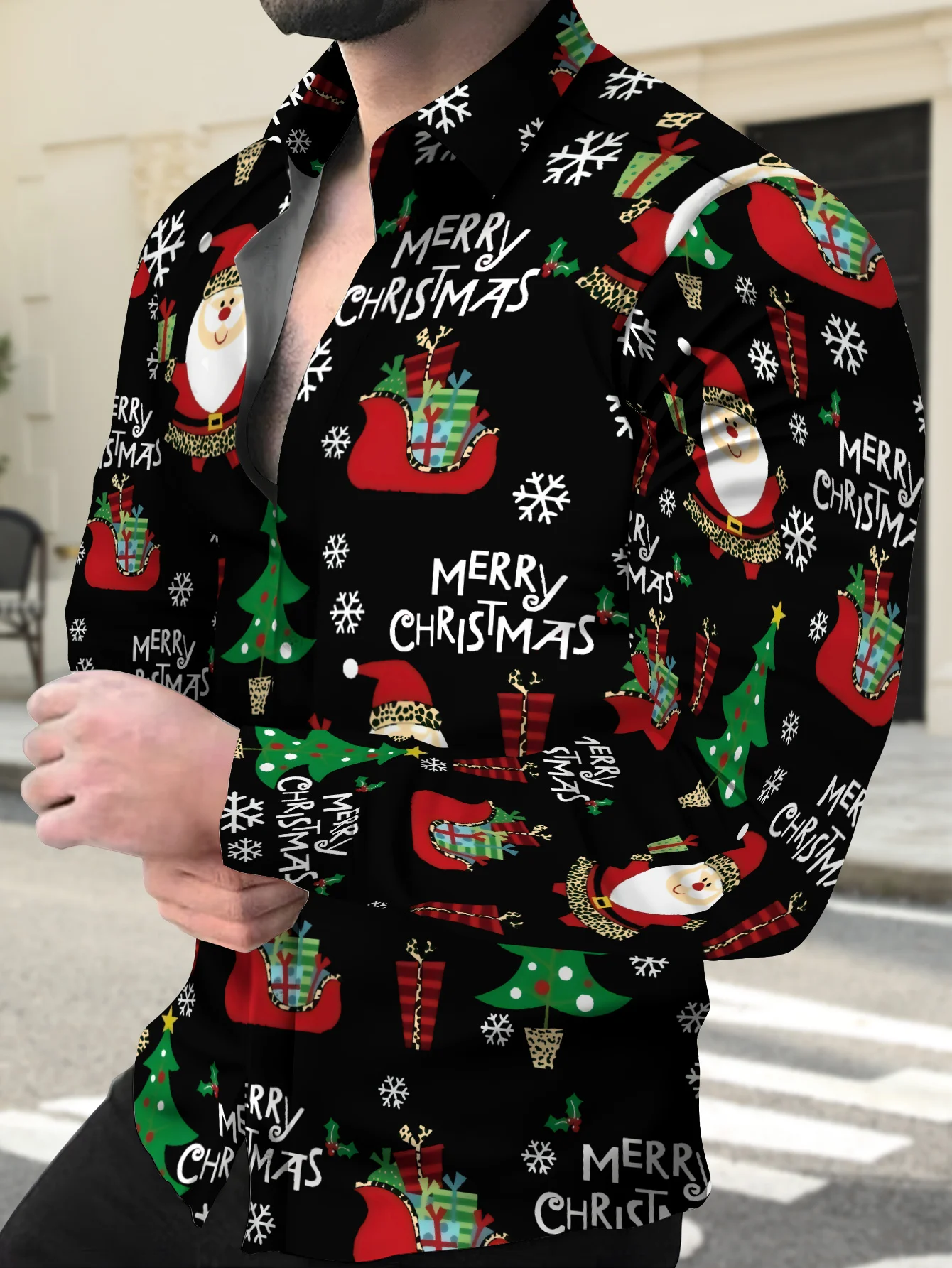 Men Long Sleeve Button Down Shirt Black Santa Xmas Tree Snowflake Gift Print Polyester Lapel Collar Christmas Party