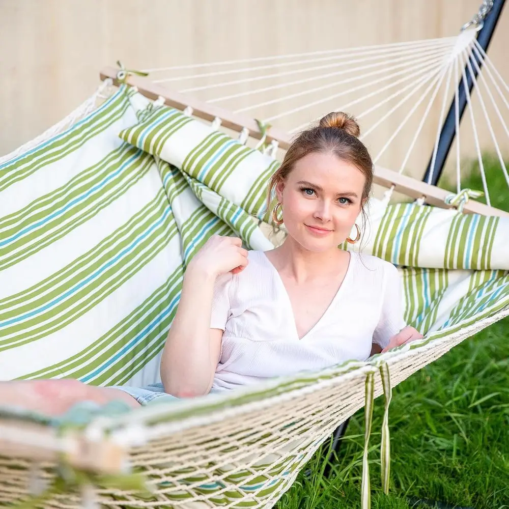 Double Camping Hammock with Wooden Spreader and Polyester Pad, Green & Beige