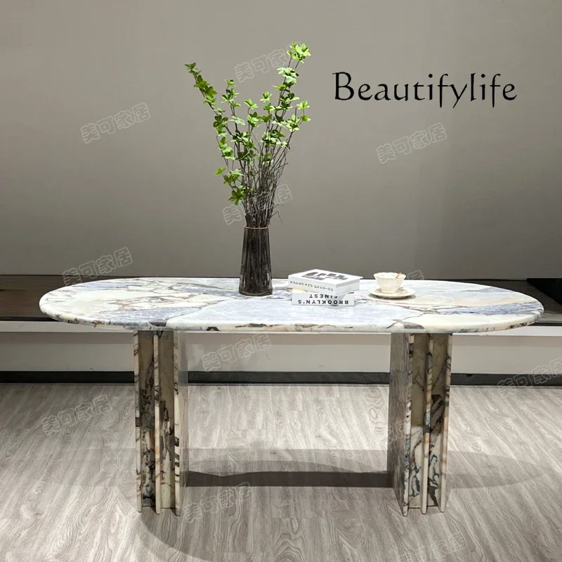 N44 Wabi Sansan Blue Natural Marble Dining Table Small Unit Simple Light Luxury Household Oval Dining Table