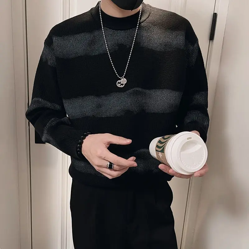 

Autumn Winter Striped Knitted Pullovers Korean Contrasting Colors Men's Clothing Casual Stylish Spliced Long Sleeve Sweaters New