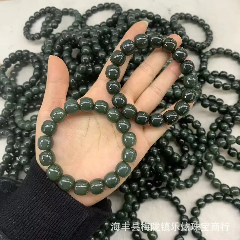 Qinghai Hotan Jade Old-Style Large Bead Bracelet In Tower Green And Qemel Blue