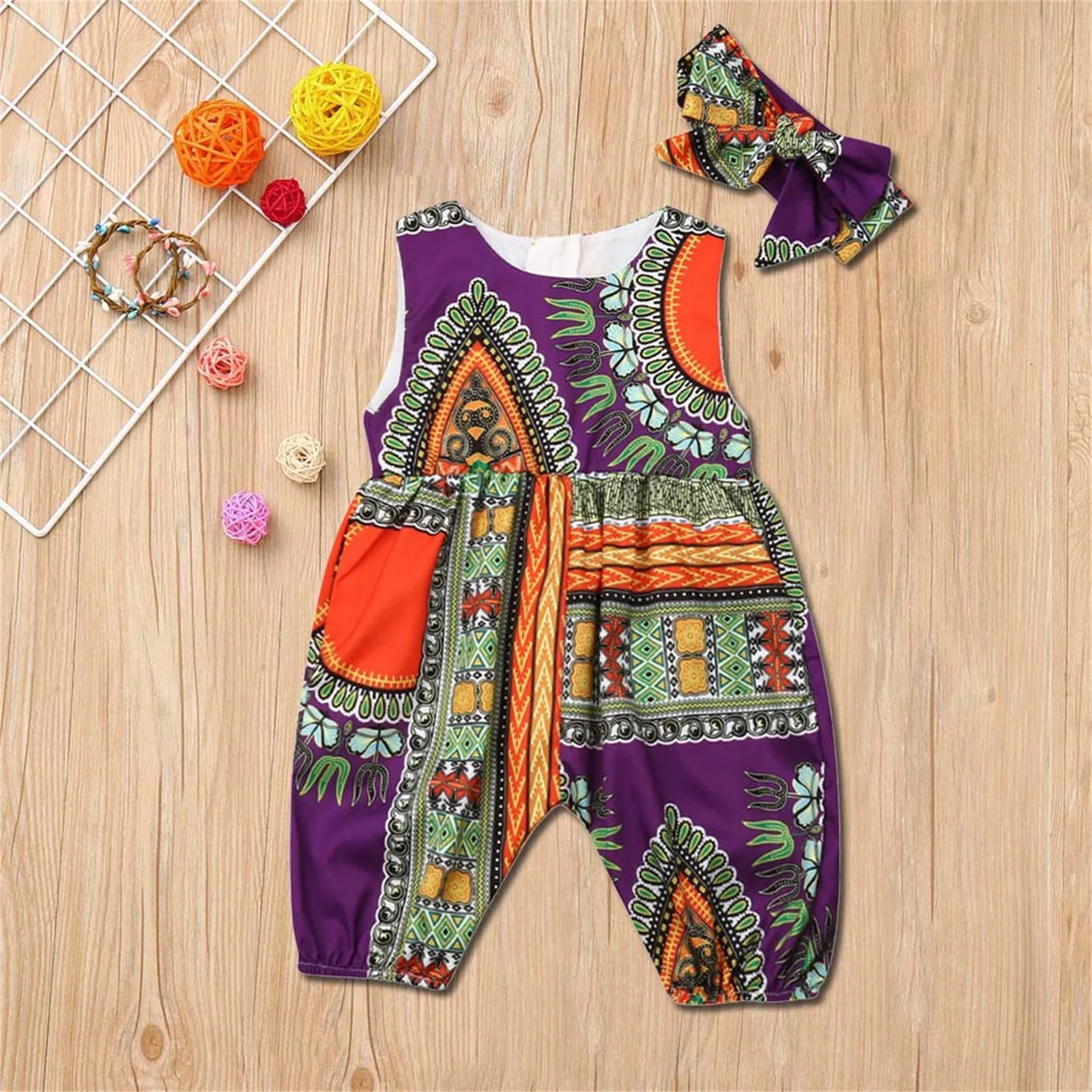 Fashion Sleeveless Romper Headband Outfit Bodysuit Summer African Print Jumpsuit Toddler Kids Baby Girls Traditional Playsuits