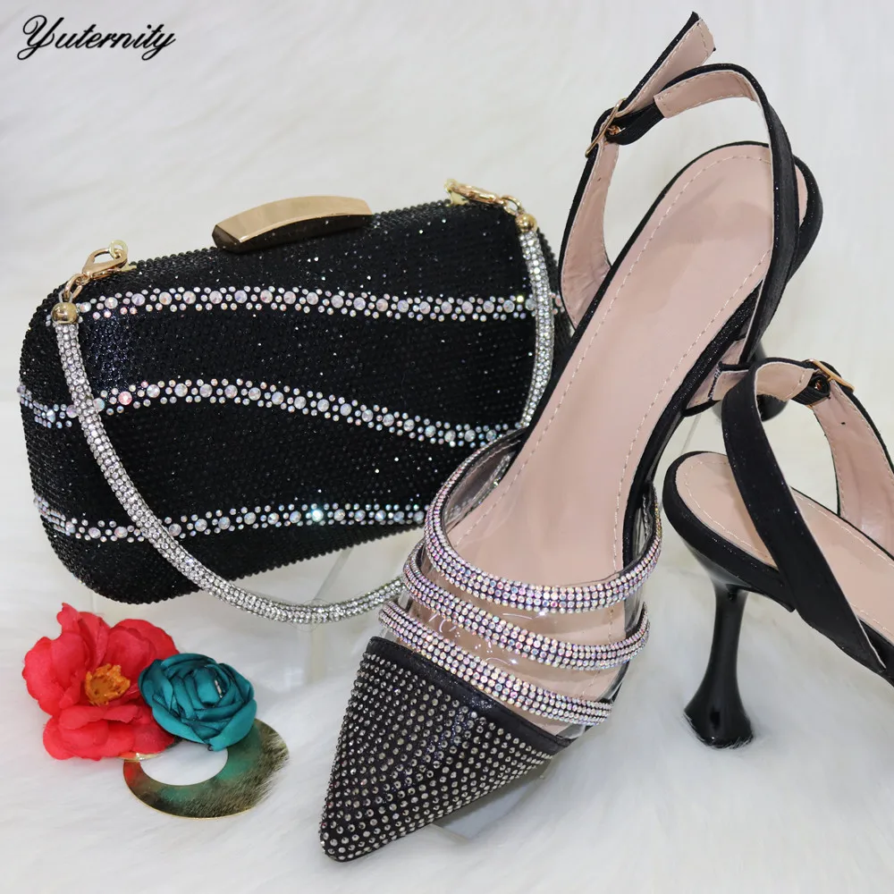 

New Arrival African Rhinestone Shoes And Purse Set Summer High Heels Woman Shoes And Bags Set For Eevning Dress