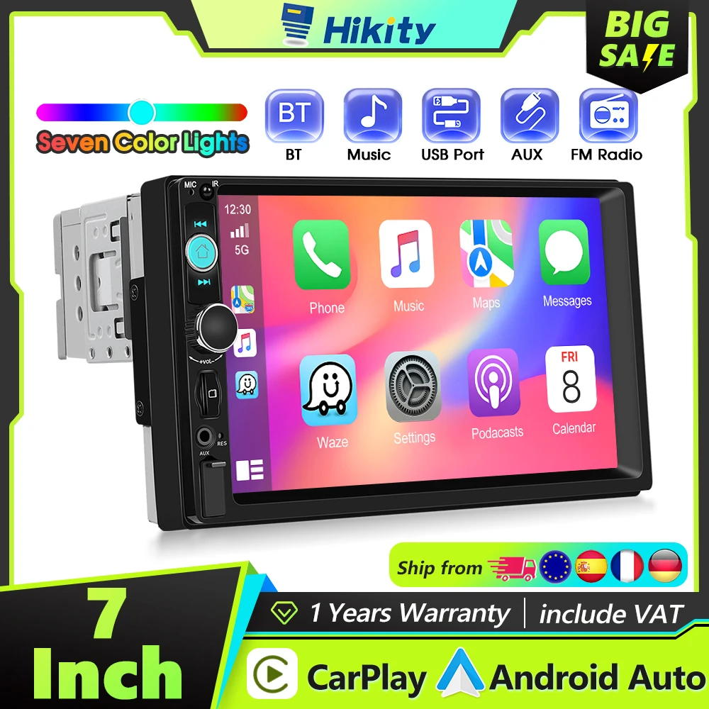 Hikity 1 Din CarPlay صوت السيارة أندرويد السيارات اللاسلكية مرآة ربط العالمي سيارة MP5 مشغل وسائط متعددة USB بلوتوث راديو FM EQ #1