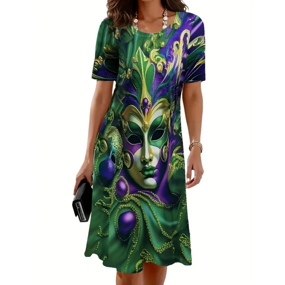 

Женское платье длиной до колена с круглым вырезом и короткими рукавами, геометрическое платье, женское модное платье трапециевидной формы в 3D полоску с принтом, Vestidos De Mujer