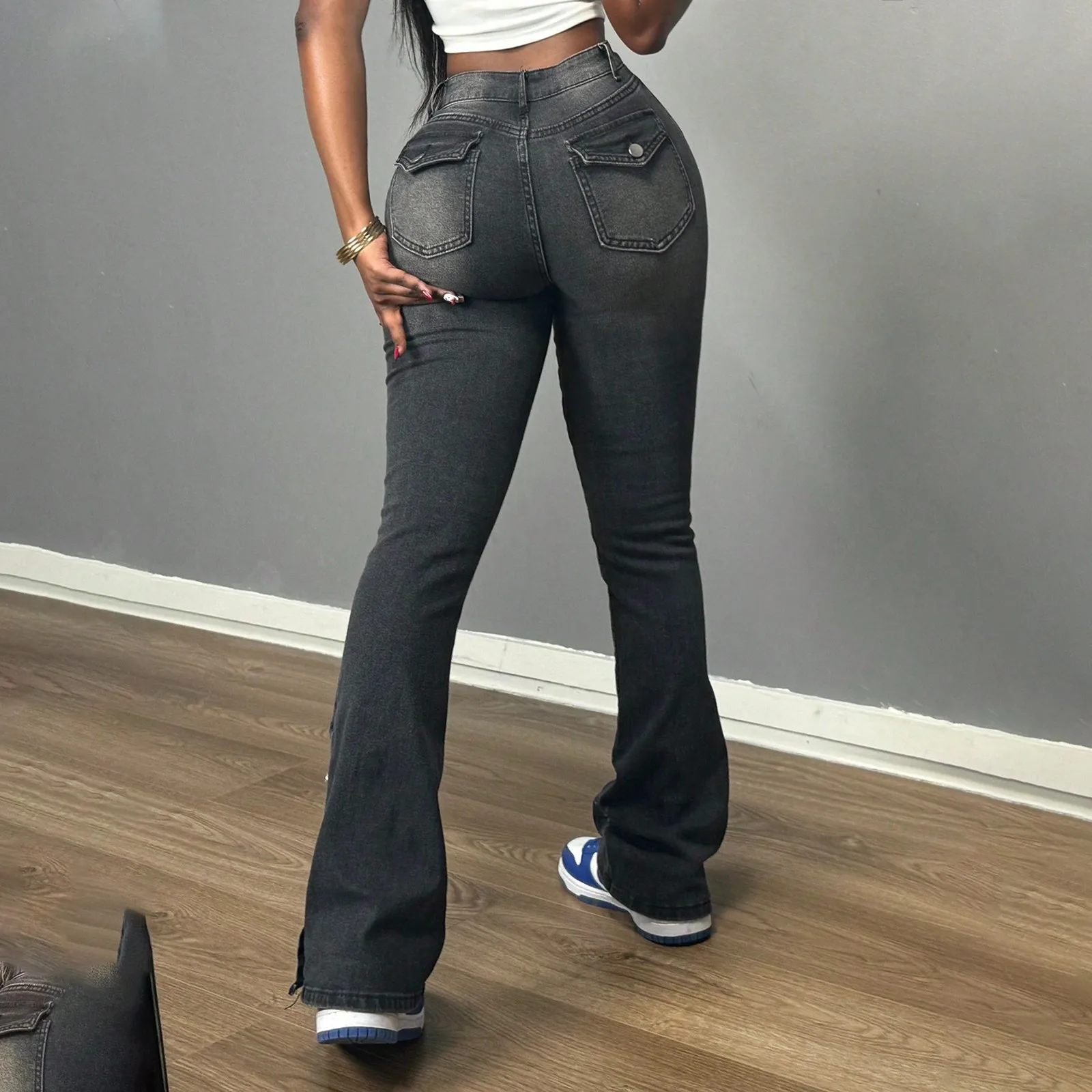 Damskie elastyczne jeansy, czarne, vintage, obcisłe spodnie dżinsowe typu flare, wiosenno-jesienne, wyszczuplające jeansy, wygodne proste spodnie.