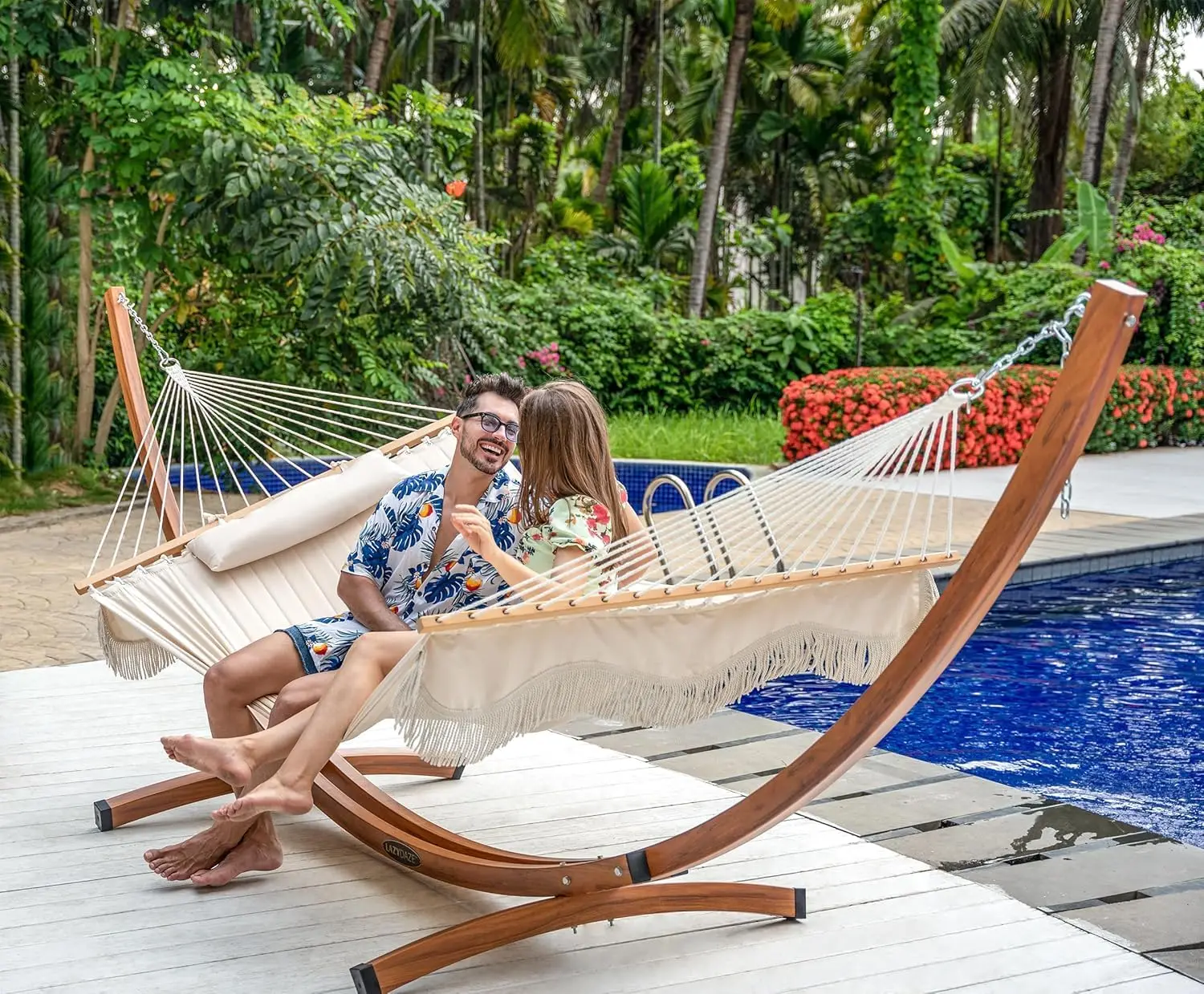 12 Ft Double Steel Curved Hammock Stand Wood Grain Heavy Duty 500 Lbs Carabiners & Chains 2 Person Weather-resistant, Customized