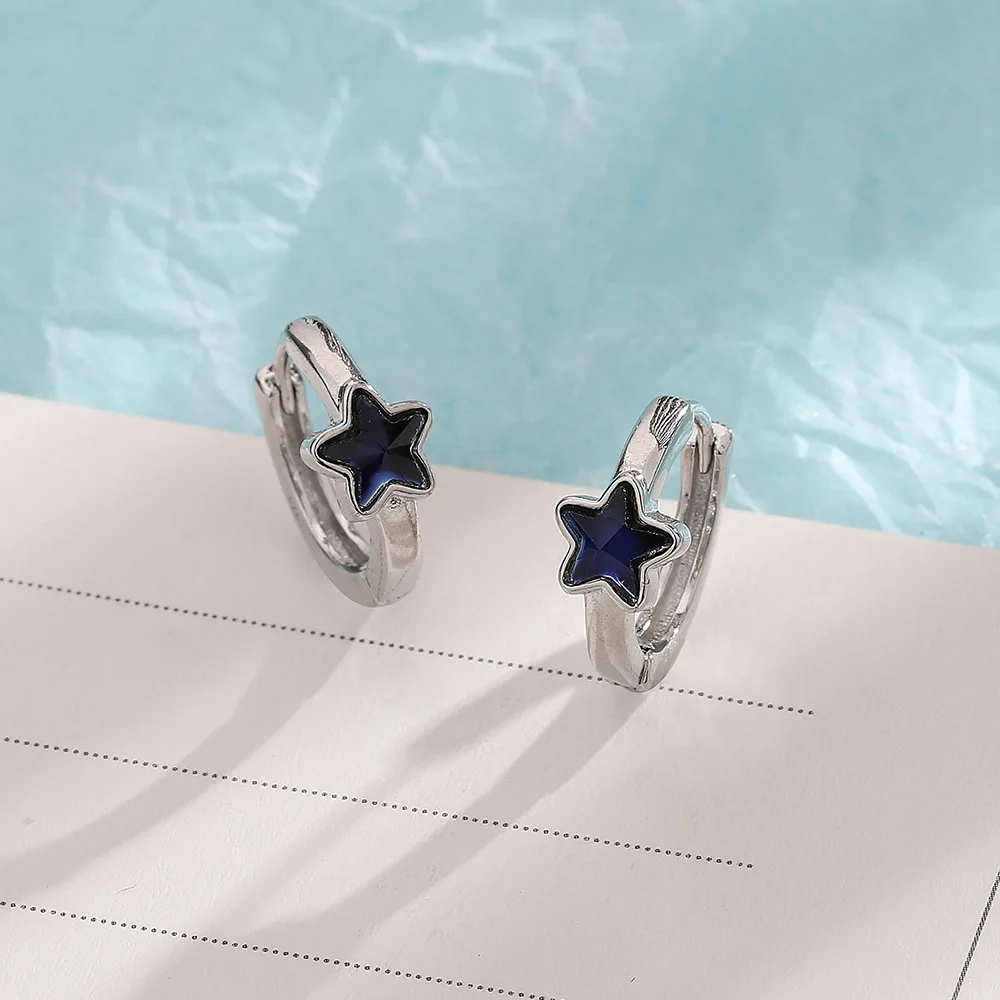 Silver Color Blue Star Zircon Huggie Hoop Earrings Five Point Star Crystal Small Ear Buckle Minimalist Daily Jewelry Gift