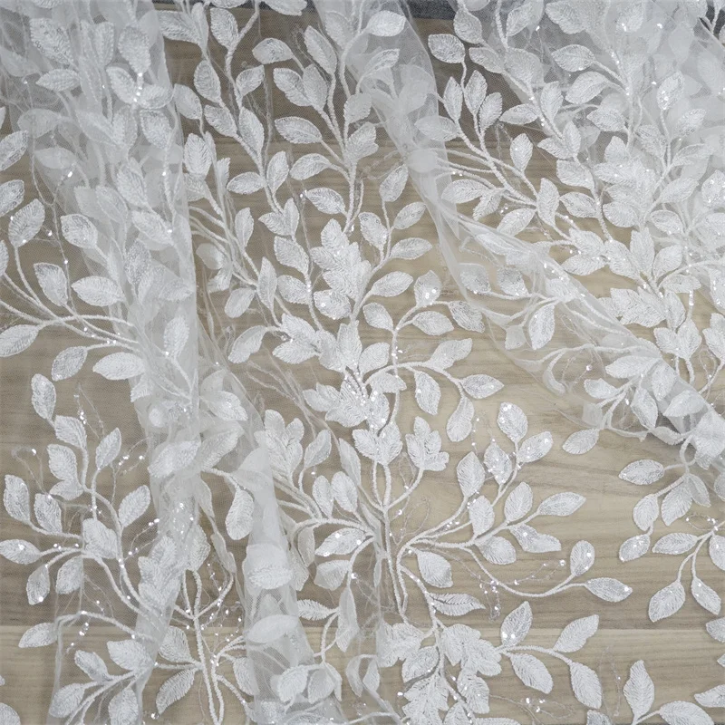 1 Yard Stunning Leaf Sequined lace fabric Embroidery Willow leaf Mesh fabric For Wedding Dress, Ball Gown,  Birthday Prom