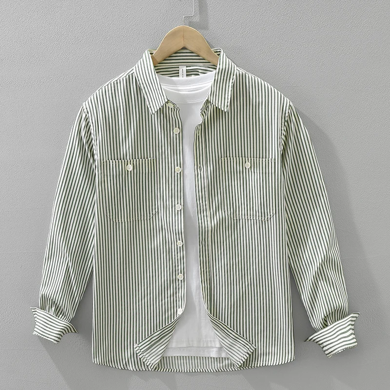 

2025 Autumn New Striped Shirt for Men Pure Cotton Loose Long Sleeve Shirts Oversize Fashion Men's Clothing