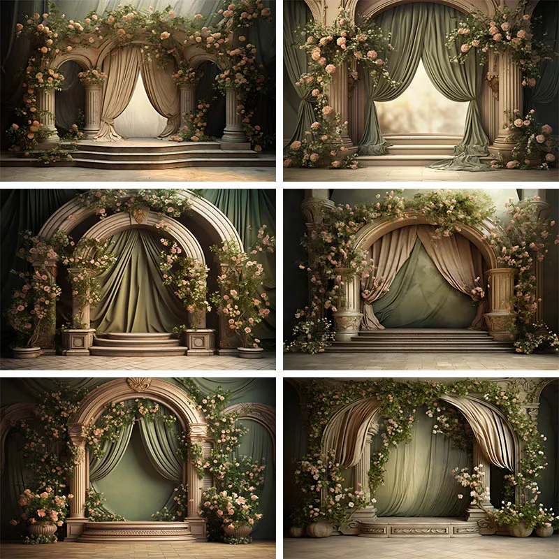 

Mocsicka Wedding Portrait Photography Backdrop Dark Green Curtains Sacred Arch Flower Decoration Background Photo Studio