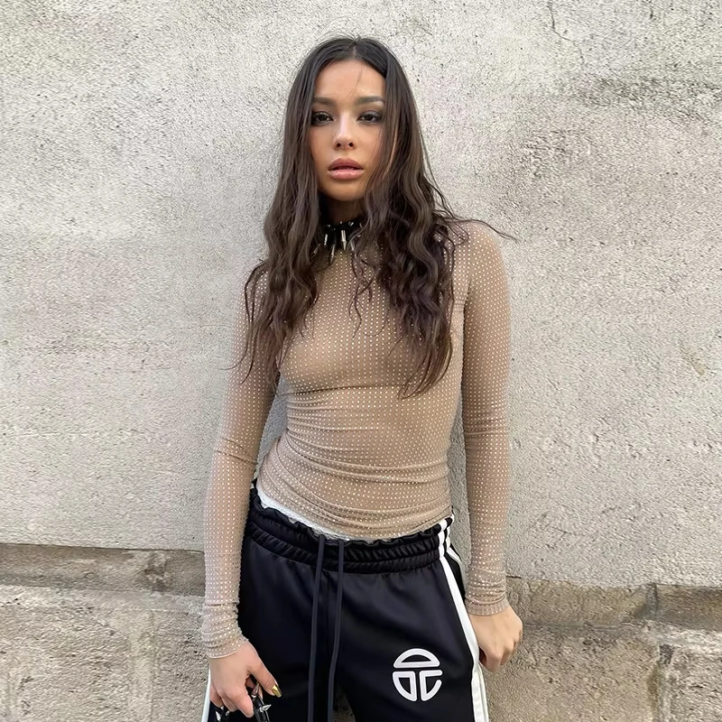 2026 Spring T Shirt Women O-neck Slim Fashion European And American Style Sexy Perspective Long Sleeve Tees Tops Woman Clothes