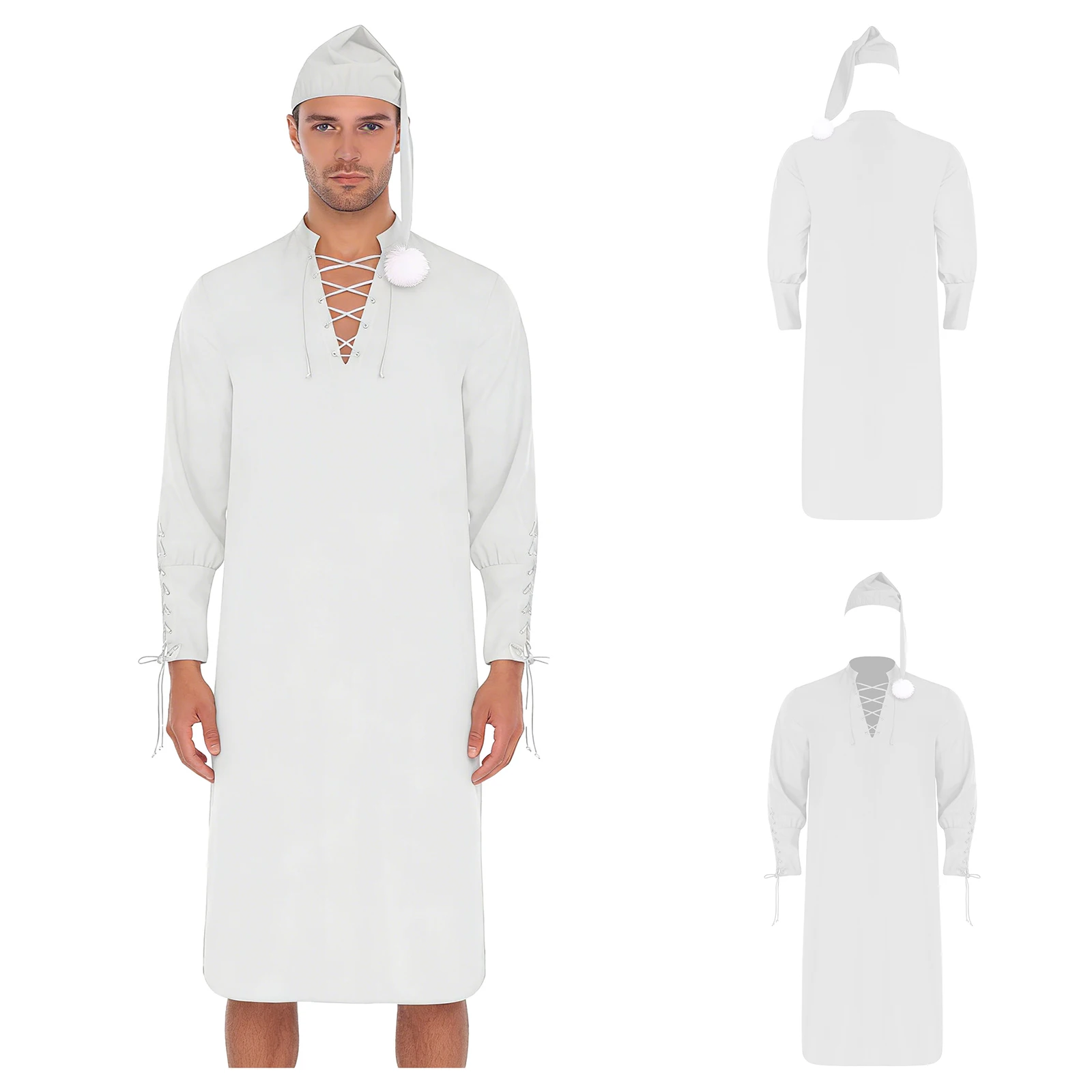 Pijamas para hombres y adultos, bata de dormir para actuación de fiesta con sombrero, cuello con cordones y puños, bata holgada para ropa de fiesta renacentista de Navidad