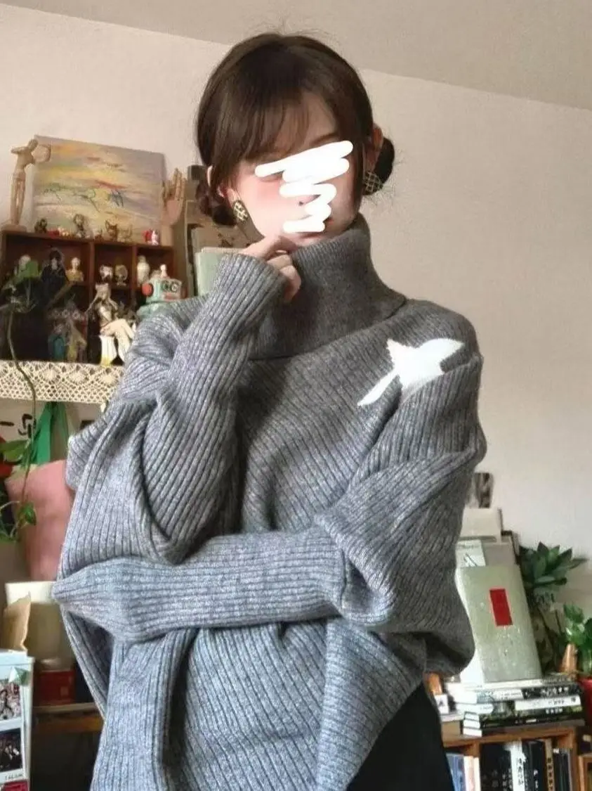 

ay High Collar Cowl Ne Knitwear Women Early Autumn New Design Lazy Sle Asymmetric Star Sweater Faionable Casual Wear