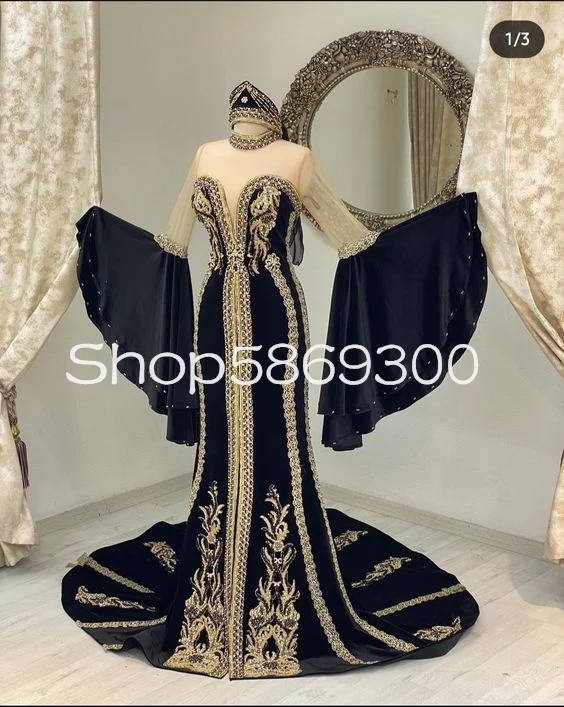 Black Velvet Mermaid Evening Dresses with Fairy Long Sleeve Caftanmarocain Sheer High Neck Beaded Lace Prom Outfit Gown