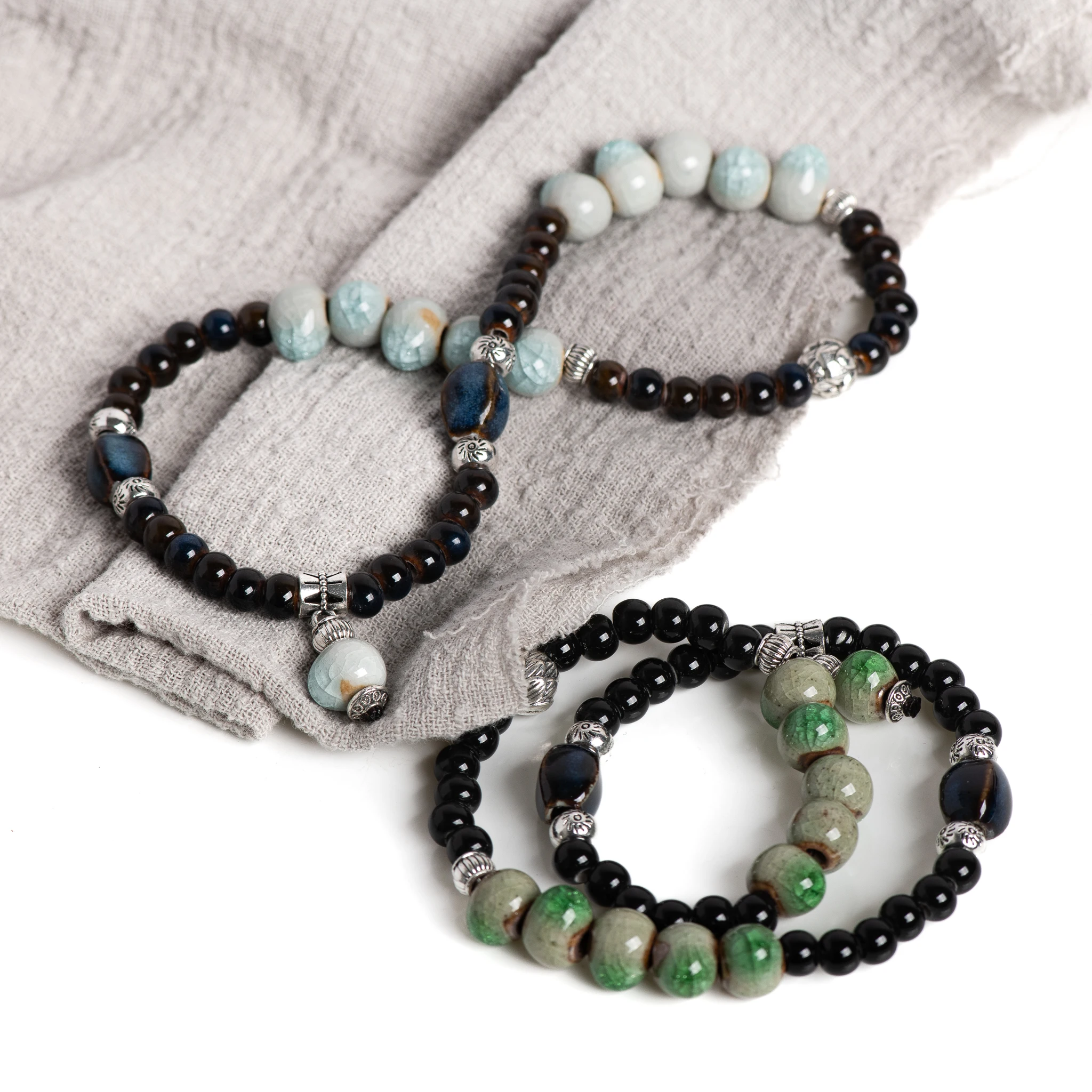 Handmade Double-Layer Ceramic Bracelet Ice Crack Beaded Stretchable Jewelry Unisex Vintage Style