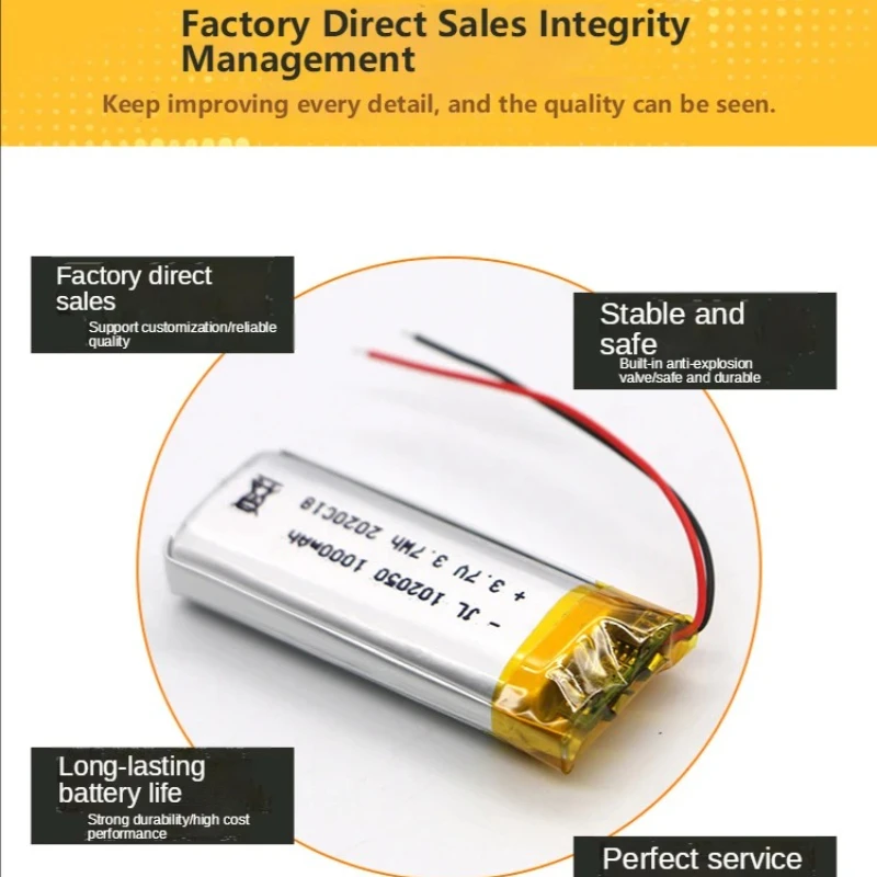 102050 3.7V 1000mAh Lipo Cells Lithium Polymer Rechargeable Battery for Beauty Instrument GPS LED Light with PCB