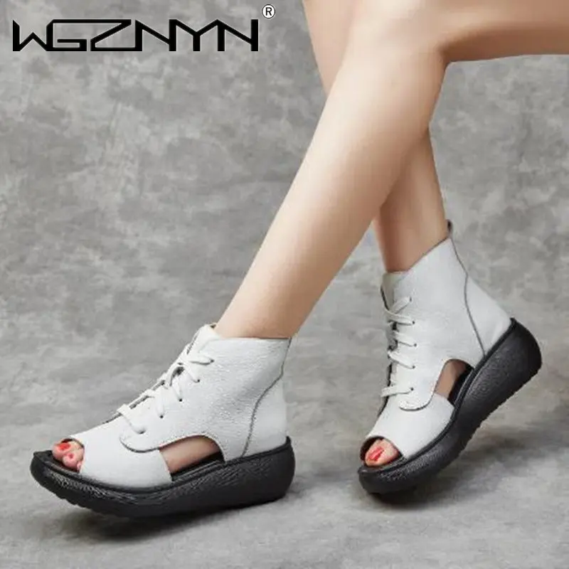 2023 NEW Summer National Style Retro Sandals Thick High Heels Peep Toe Genuine Leather Women Roman Sandals Ladies Short Boots