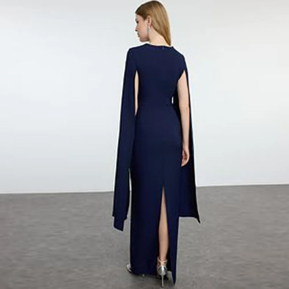 맞춤 제작 네이비 블루 안감 없는 우븐 롱 스타일리쉬 이브닝 드레스 나이트 졸업 드레스, 케이프 슬리브 스퀘어 넥 새틴 드레스