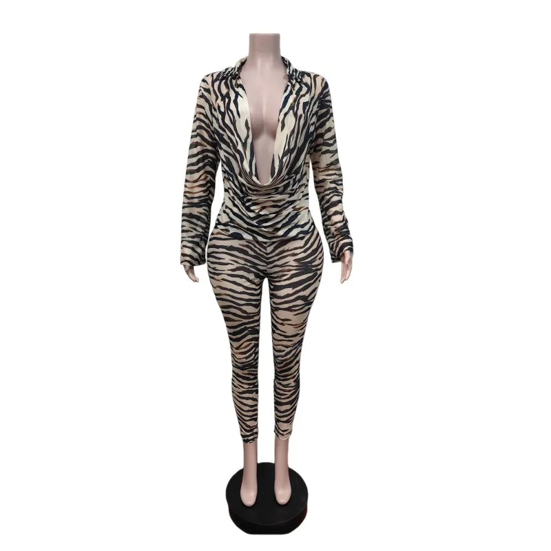 Slergiri Zebra Print Deep V-Neck Long Sleeve Top + Pencil Pants Women's Fashion Sexy Club Party 2 Pieces Set Outfit 2026 New