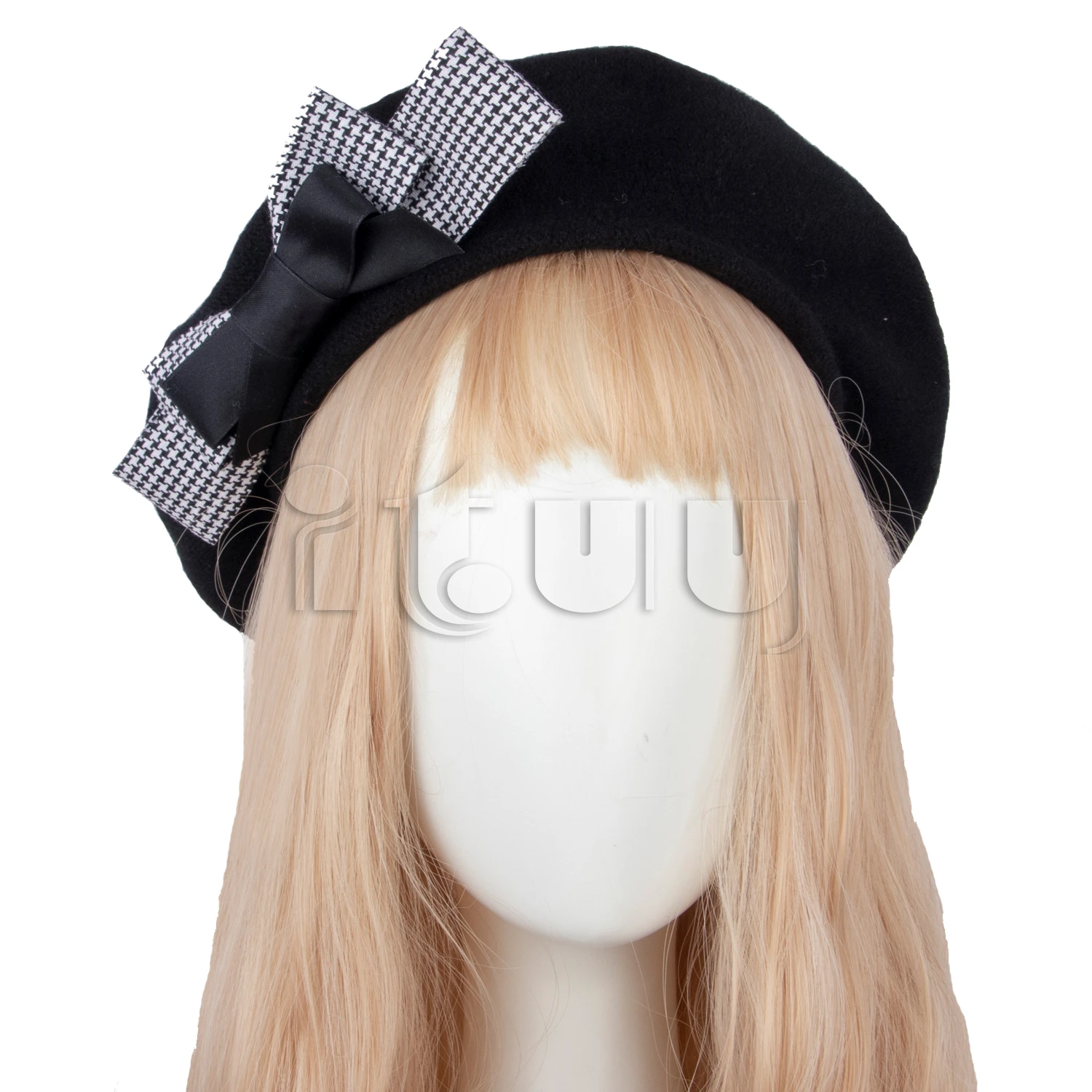 Women Wool French Beret Hat with Big Bow Girl Lolita Cute Plaid Beanie Cap Hat Winter Warm Fashion Accessory