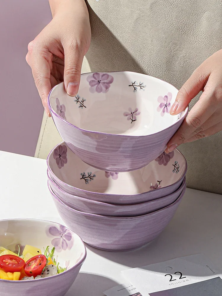 Tableware ceramic underglaze color plant flower printing and dyeing household personal special rice bowl  6 inch irregular shape