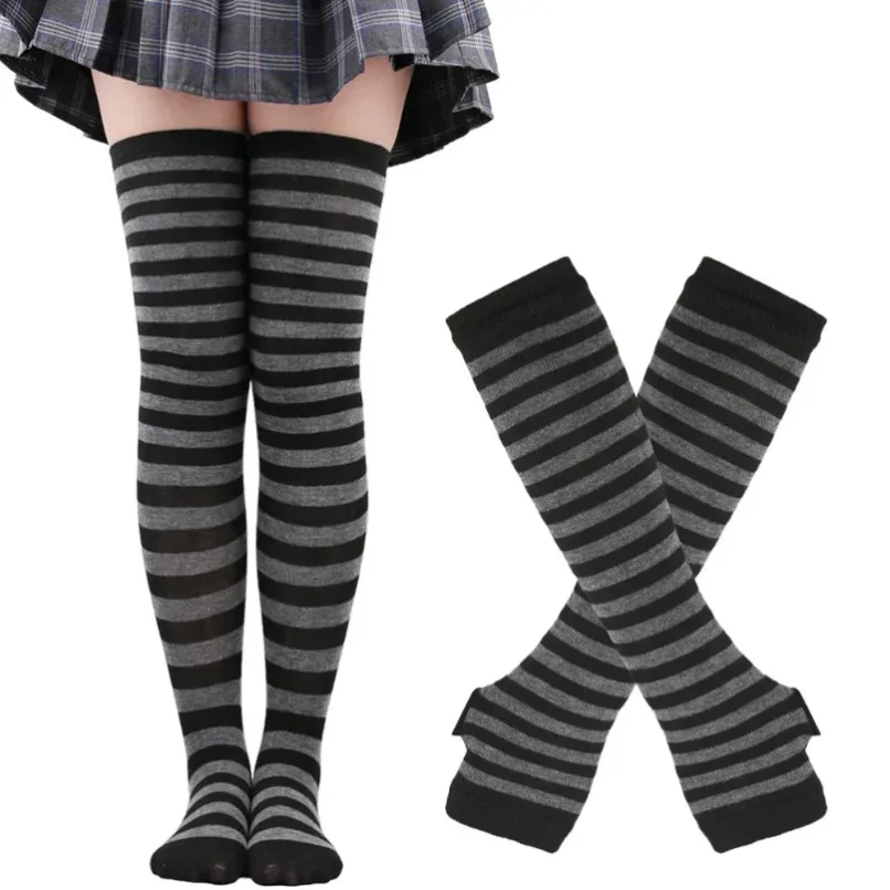 Kaos Kaki Panjang Wanita Bergaris Set Stoking Setinggi Paha Sarung Tangan Lengan Set Wanita Gadis Pink Hitam Putih Di Atas Lutut Lolita