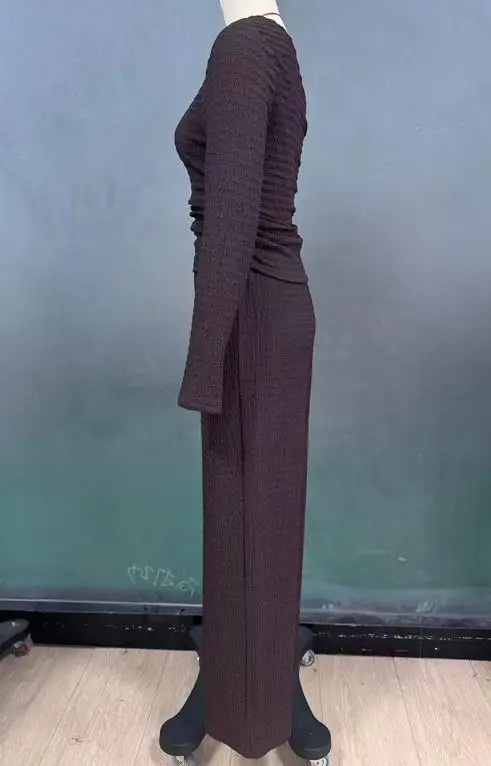 Conjunto de duas peças roupa feminina 2025 primavera outono nova cor sólida gola inclinada magro manga comprida camiseta & calças perna reta conjunto
