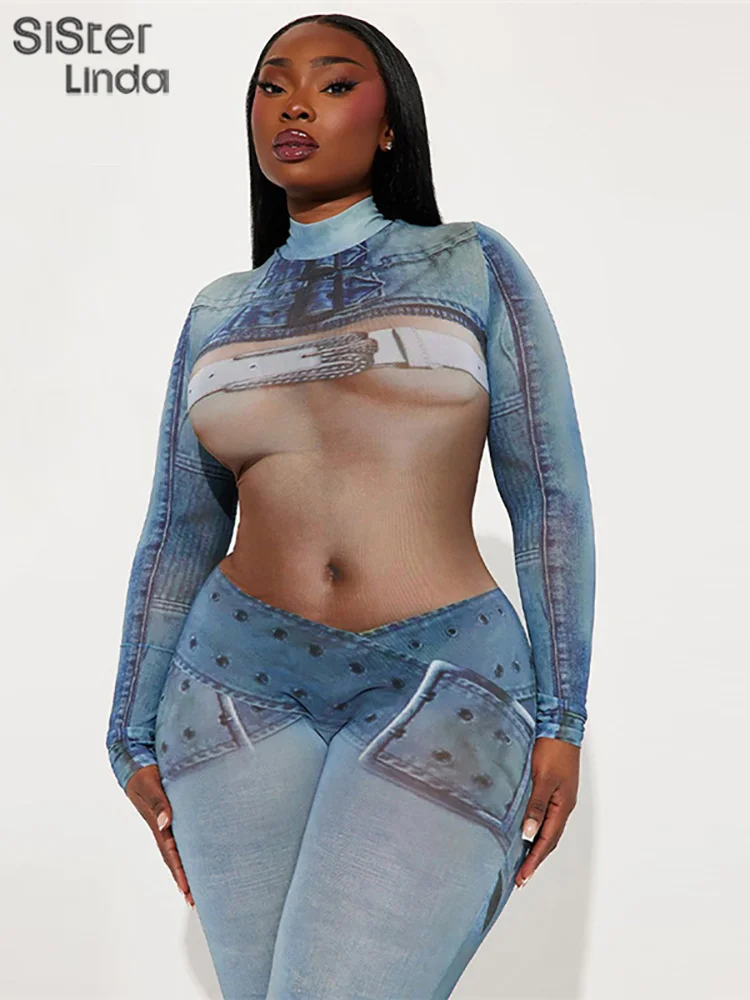 

Sisterlinda Sexy Mesh Fake Denim Print Jumpsuits Women Long Sleeve Long Sleeve Elastic See Through Workout Overalls Streetwear