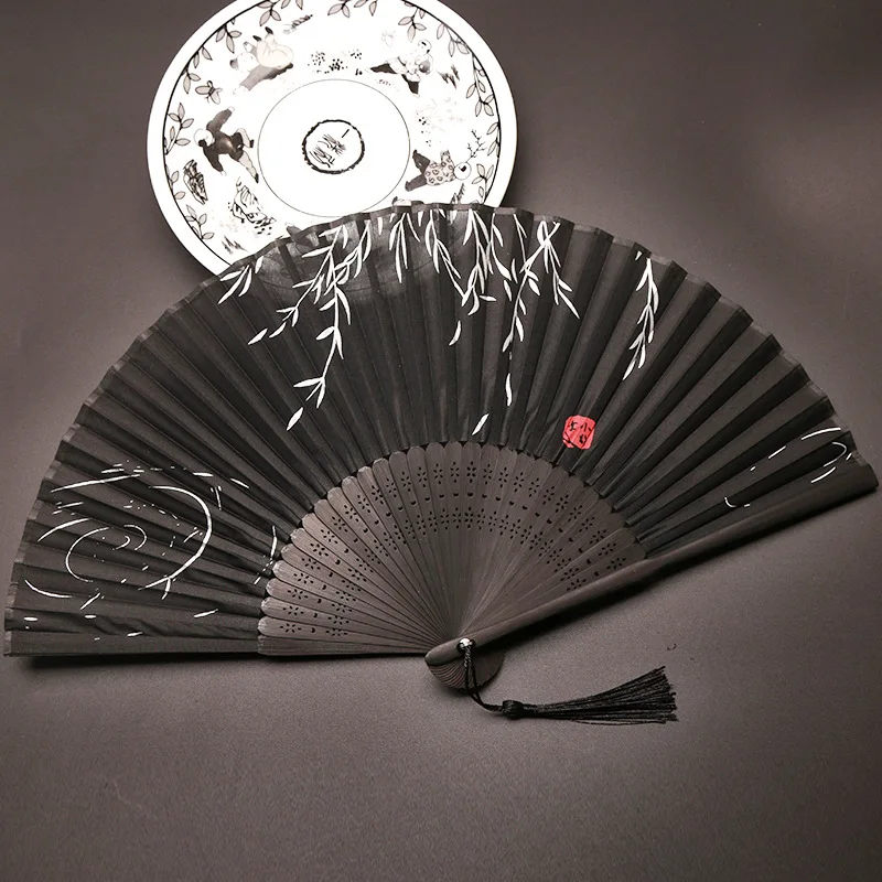 Chinese Style Folding Fan Vintage Cloth Hand Fan Summer Cooling Dance Photography Prop Classical Ancient Fan