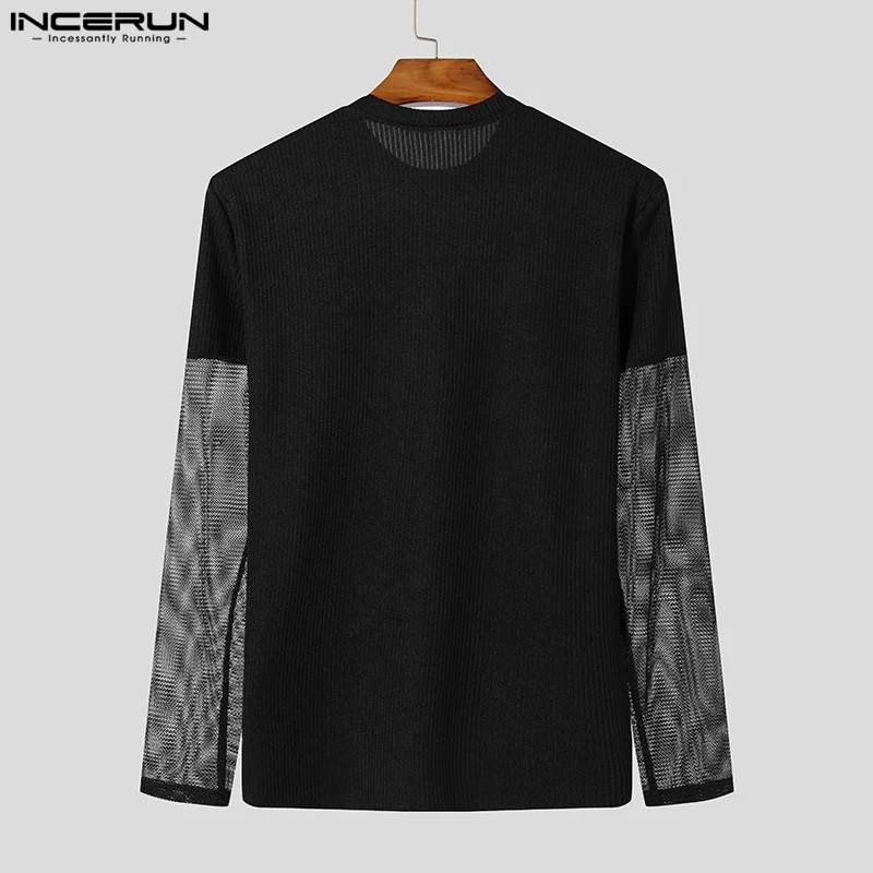 Stylish Casual Style Tops INCERUN Men Tight Fitting Patchwork Mesh T-shirts Sexy Male Hot Sale Long Sleeved Camiseta S-5XL 2024