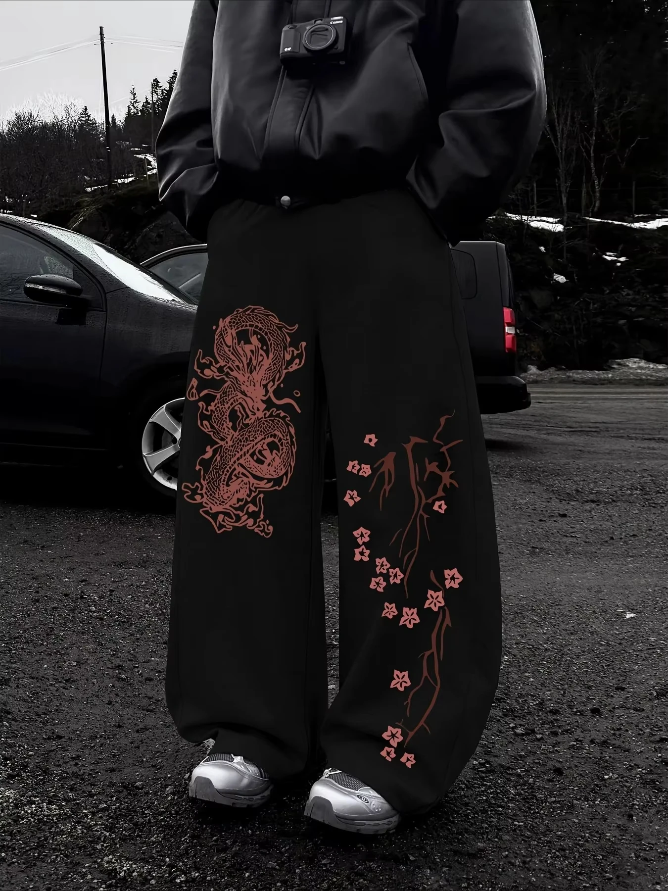 2026 Japanese Harajuku Street Cherry Blossoms and Wind Printed Wide Leg Pants for Men Women Casual Fashion Streetwear Pants