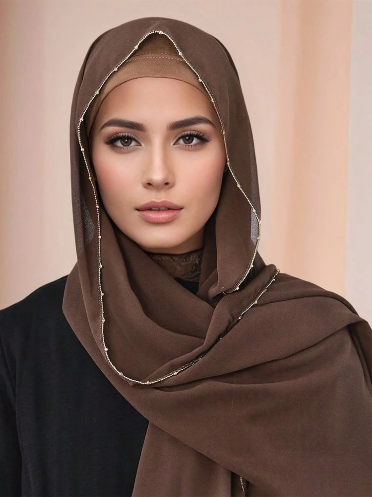 Muslimische Hijabs für Frauen Gold Kette Chiffon Schwarz Weiß Schal Lange Schal Kopftuch Kopftuch Tanzen Party Schals Femme Kopfbedeckungen