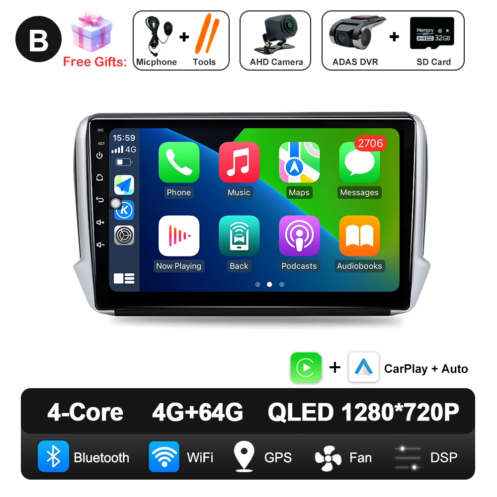 Android 16 Navigatie Multimedia Speler Carplay Auto Stereo BT video Autoradio voor Peugeot 2008 208 Serie 2012 2013 2014 - 2018