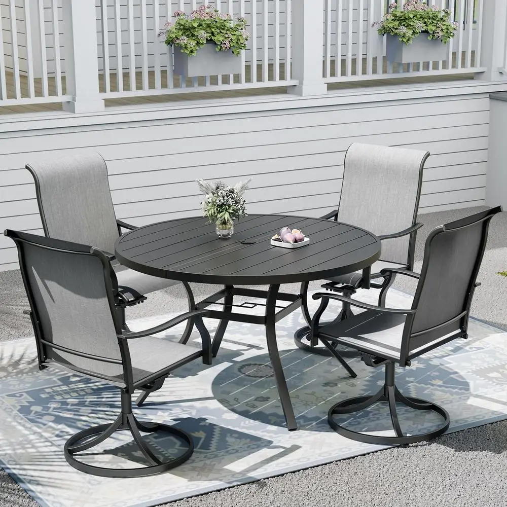 

Round Patio Dining Set with 4 Swivel Chairs, 48 Table, Adjustable Umbrella Hole