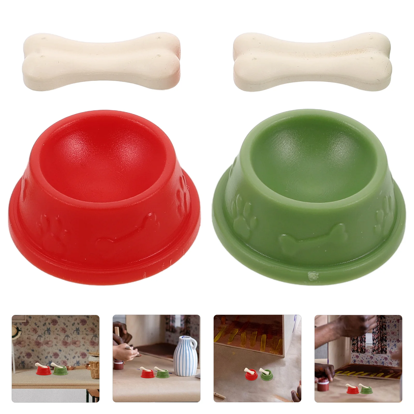 2 Sets Food Bowl Simulated Dog Pot Child Dolls House Miniature Bowls Plastic Animals Figures