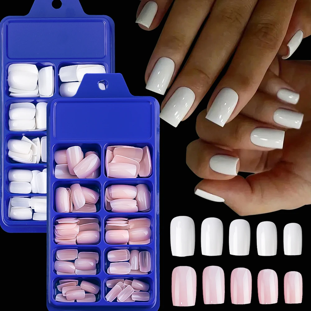 100Pc Light Pink Press on Nails Short Square Fake Nail Tips 10Sizes Full Cover White Artificial False Nails Acrylic Nail Art Tip