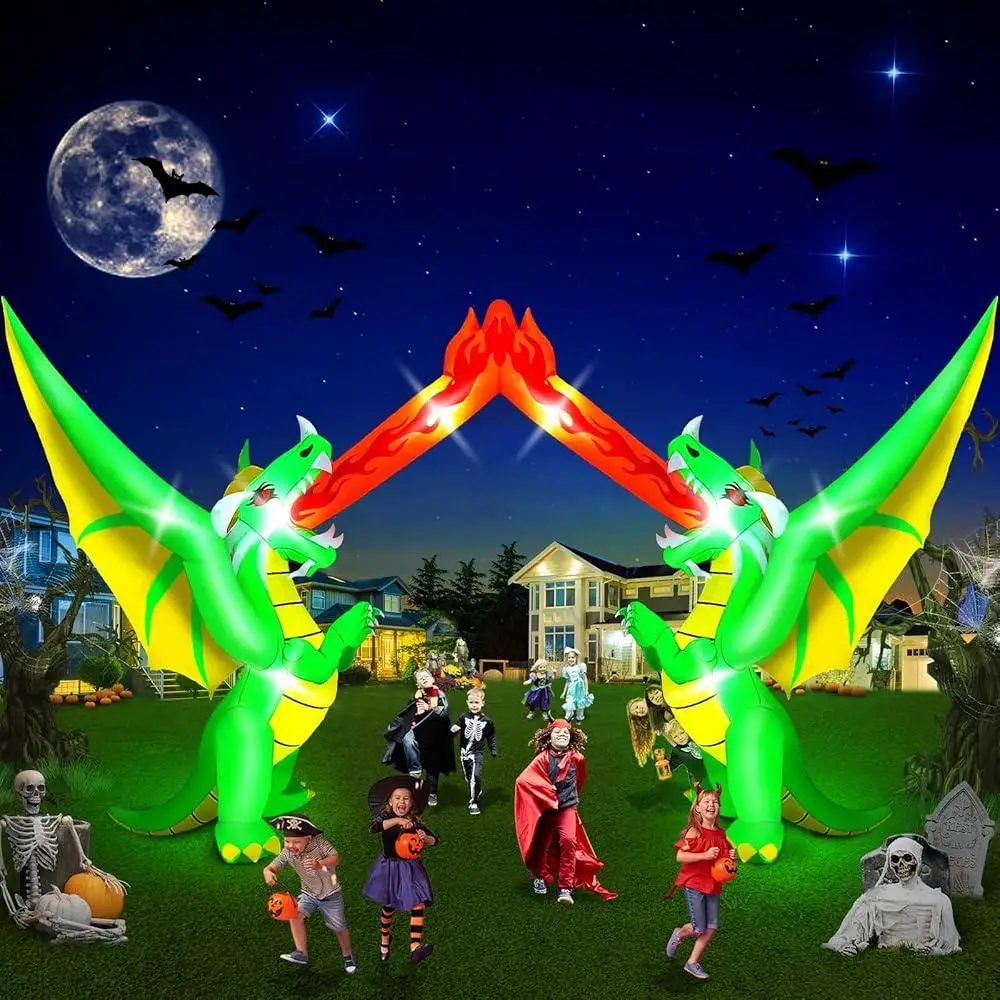 14FT Halloween Inflatable Arch Dragon Blow Up Decoration Fire-Breathing Outdoor Yard Decor LED Lights Spooky Party Halloween