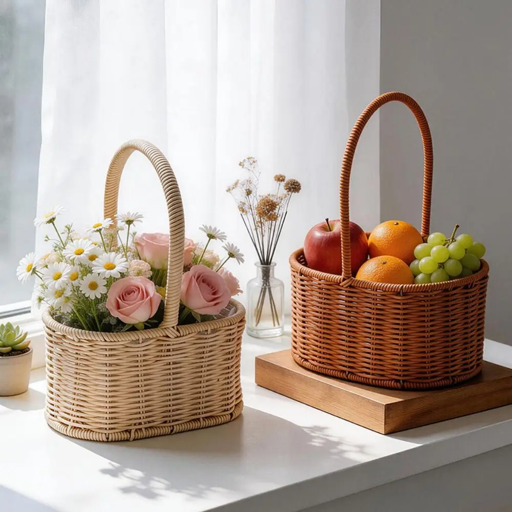 Fashion Handwoven Style Woven Basket Oval Shape Portable Handle Oval Basket Rustic Flower Basket Gift Storage