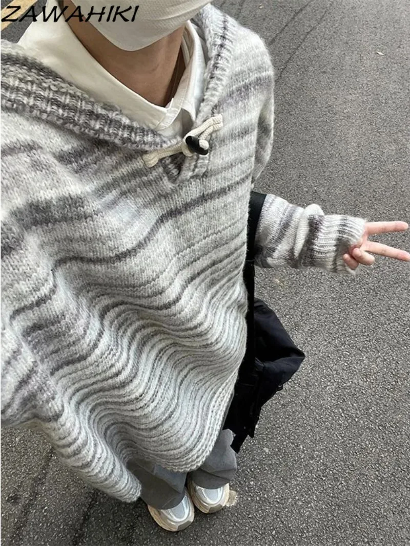 Fall Winter Contrast Color Striped Loose Korean Fashion Hoodies Sweater Women Casual Streetwear Versatile Knitted Y2K Pullover