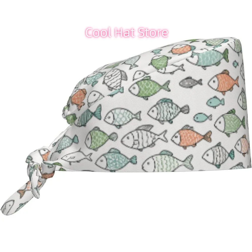 1pc Adjustable Scrub Cap with Sweatband - Lightweight 100%, Breathable & Comfortable, Hand-drawn simple cartoon fish pattern