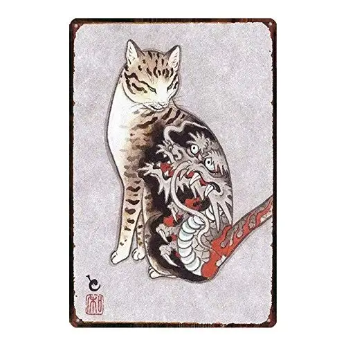 nobrand Japanese Styel Samurai Cat Tattoo Cat Metal Tin Sign Retro 8x12 Inches 21