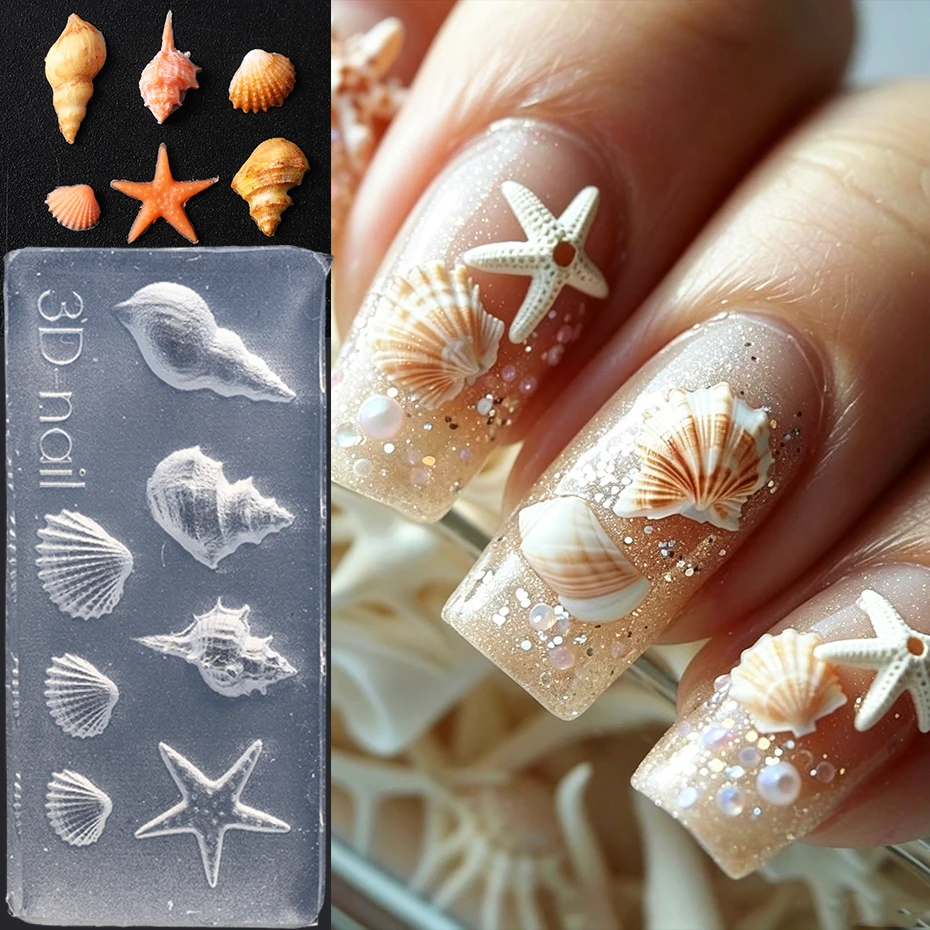 1 Stück Ozean-Nagelkunst-Silikonform mit Seestern-, Muschel- und Schneckenmustern, Prägeschablone für Sommer-Nageldekoration