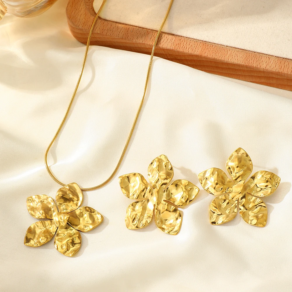 DGIDDK stainless steel flower pendant necklace earrings jewelry set ladies fashion jewelry party wedding jewelry