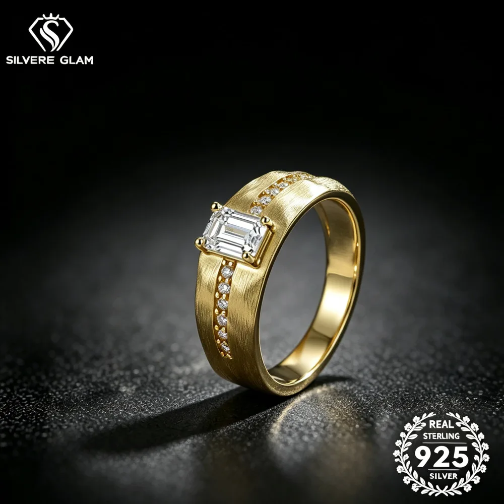 S925 Sterling Silver Brushed Wide Band D VVS1 Moissanite Emerald Cut Ring Fine Jewelry Men Wedding Engagement Statement Ring