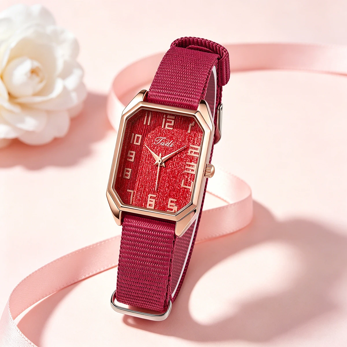 Elegant Ladies Analog Quartz Watch Octagon Rose Gold Case Red Spark Dial Nylon Band Daily Casual Wristwatch Women Watches view 6