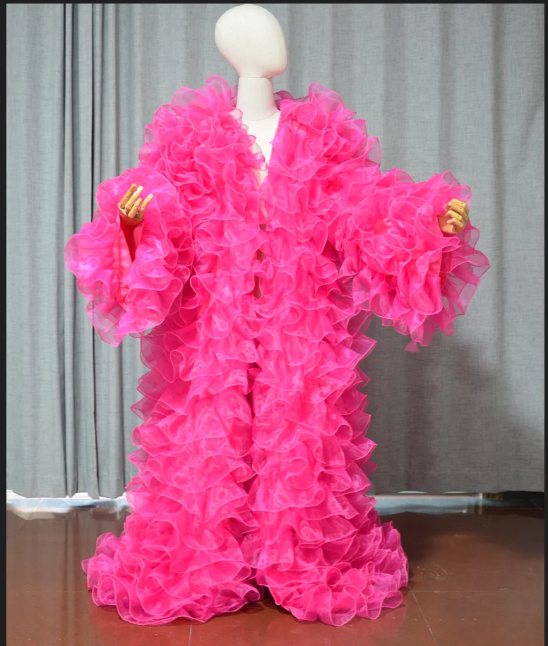 Niesamowita warstwowa długa kurtka z organzy Puffy i długie pełne rękawy Cape Vest Outfit Party fashion stage drag queen Coat cloak