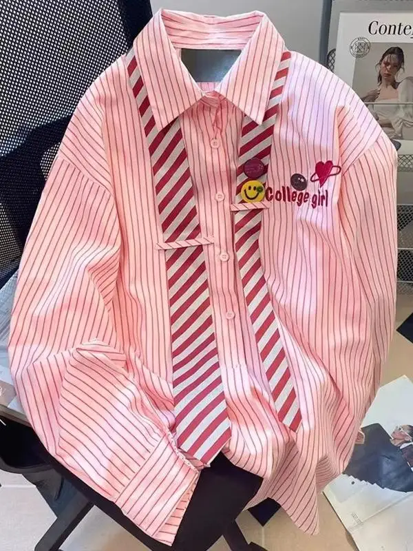

Fashion Korean Lazy Sle Age Reduction Top Women's Pink Striped Tie irt Loose Fit Long Sve Collar Campus