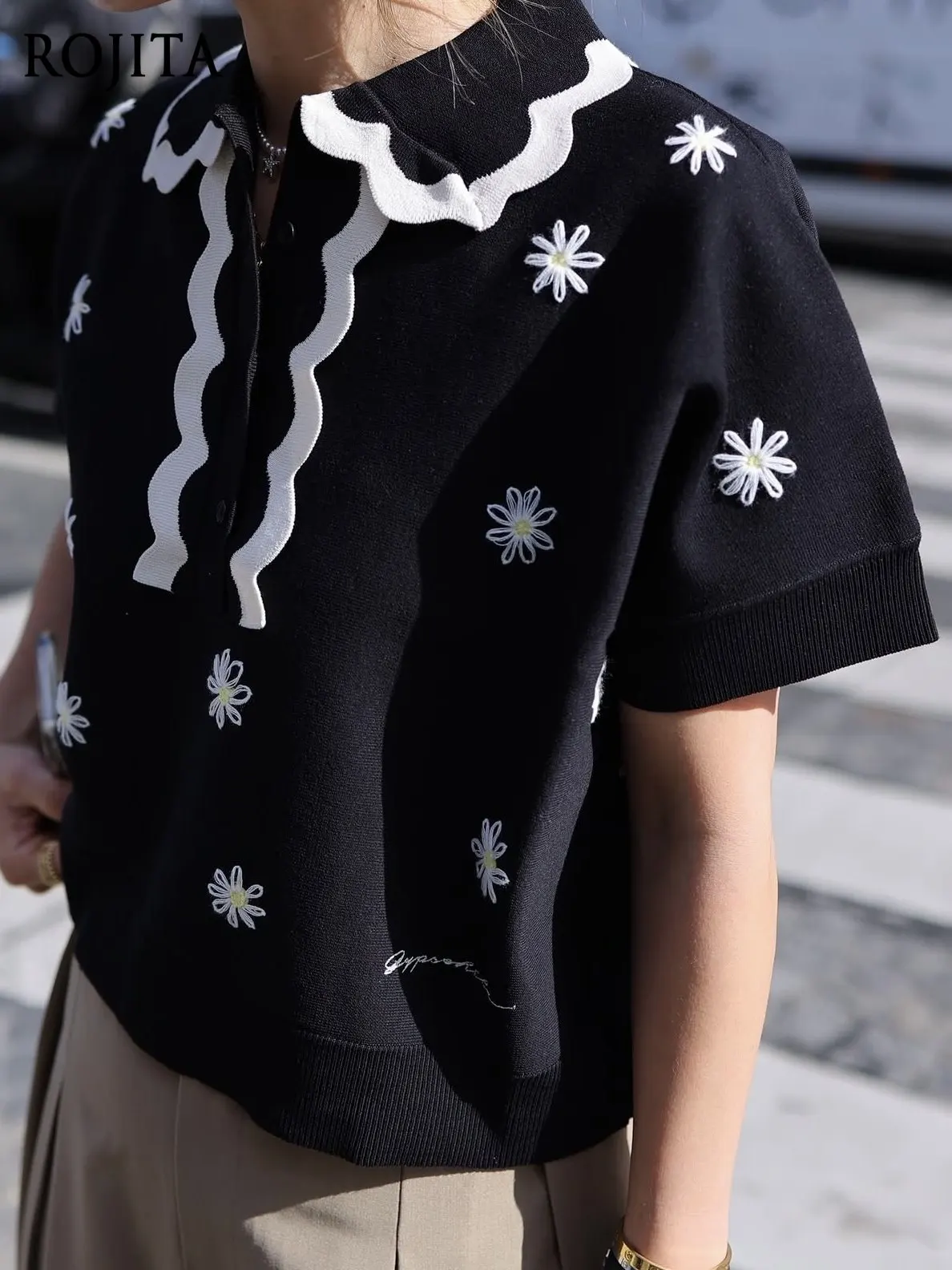 Japanese Y2K Sweet Cropped Polo Knit Top Floral Embroidery Scalloped Contrast Collar Short‑Sleeve Preppy Casual Blouse