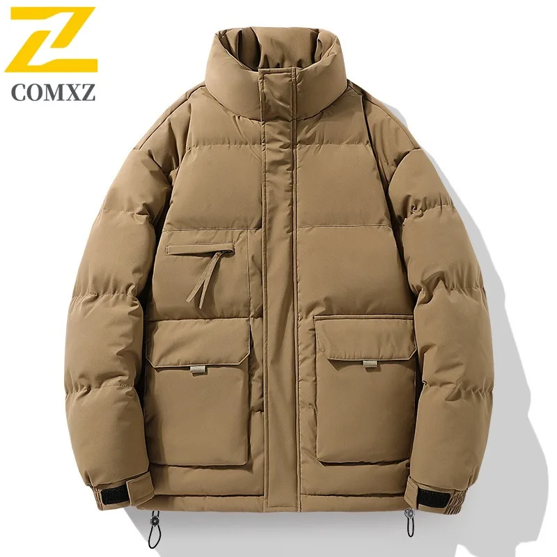 

2025 зимние толстые мужские парки, теплая повседневная мужская верхняя одежда, стеганые пальто, однотонная мужская ветровка с воротником-стойкой, пуховая хлопковая стеганая куртка